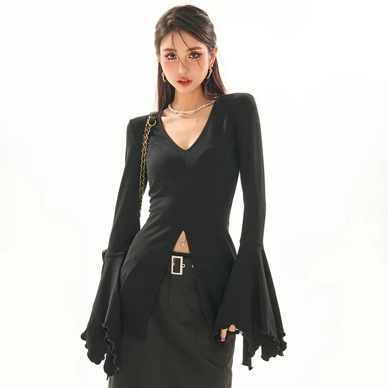 Yangelo  Fairy Grunge Flare Sleeve V-neck T-shirts Gothic Split Sexy Lettuce Hem Female Blouses Y2K Black Slim Fashion Alt Tops