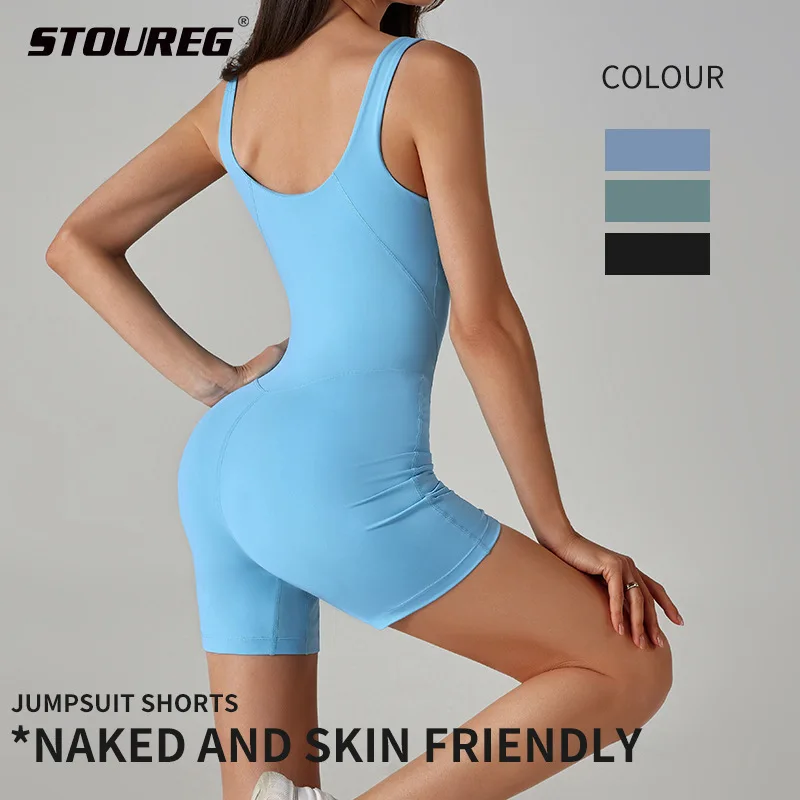 

STOUREG Shaping Nude Yoga Wear Women's Sleeveless Fitness Exercise Clothing Removable Chest Pads Running Sports Onesie