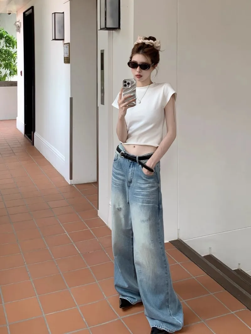 

Широкие джинсы женские Kawaii милые корейские японские Harajuku эстетический пастельный цвет розовый весенний светлый мягкий белый синий зеленый