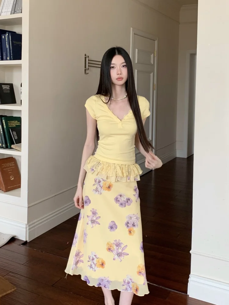 CHEERART Floral Lace Peplum Summer Skirt For Women Pink Yellow A Line Long Ladies Midi Skirt 2026 Korean Fashion Clothes