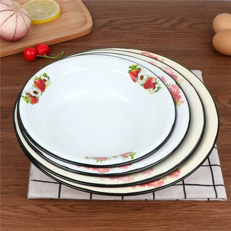 

Enamel Deep Dish with Thickened Wide Edge Soup Dish Fruit Barbecue Enamel Dish Ramen Rice Washing Bowl Salad Stainless Steel