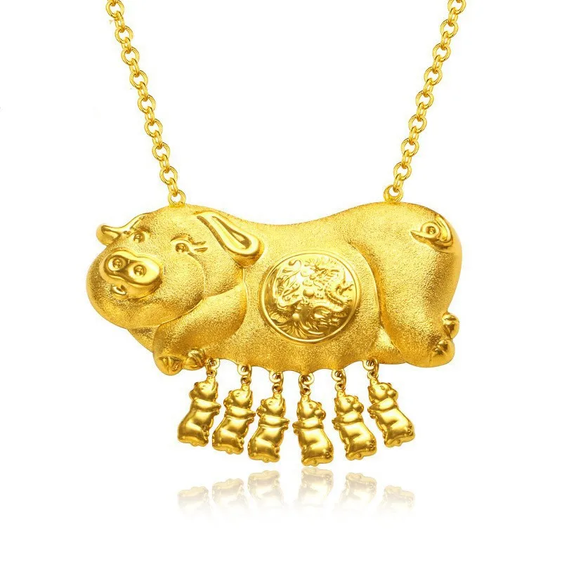 24k Pure Gold Color Solid Cute Pig Pendant Necklace for Women Bride Lucky Yellow Gold Chain Necklaces Fine Jewelry Gifts