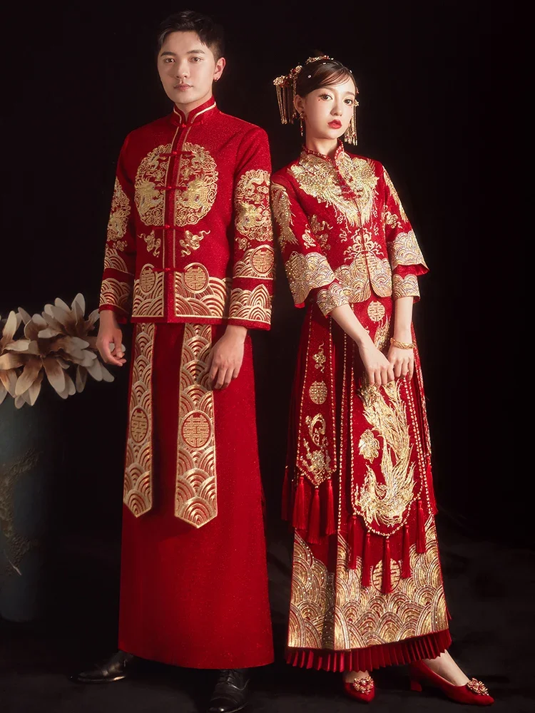 Dress Xiuhe Women's Red Exquisite Gold Thread Embroidery Non-Slit Bridal Dragon and Phoenix Gown Retro Chinese Autumn and Winter