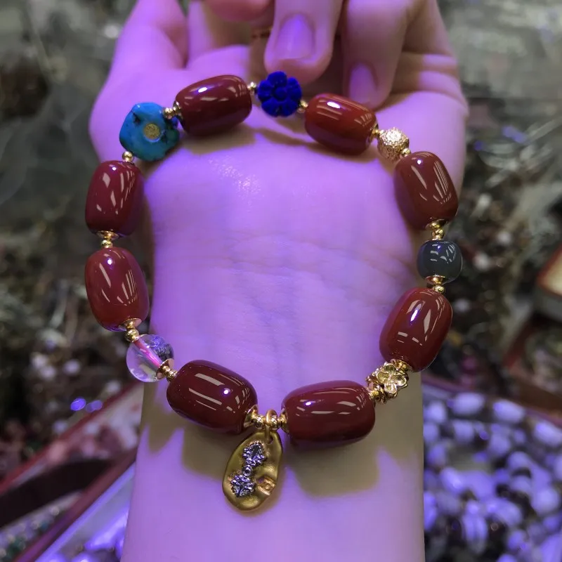 

Nanhong Agate Bead Hetian Jade Magnesite Turquoise Bracelet Lapis Lazuli Small Flower Hand Ornament