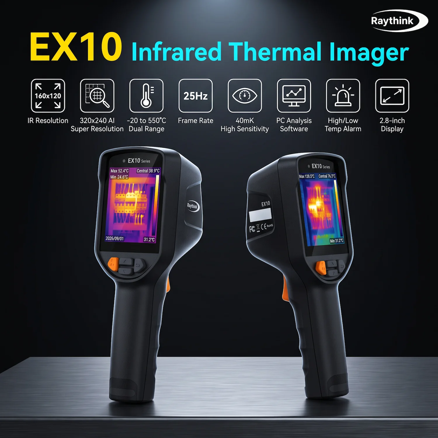 Raythink EX10 Handheld Thermal Camera High/Low Temperature Alarm PC Infrared Analysis Software for Electrical Fault Detection