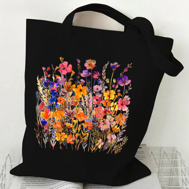 Sacola com gráfico floral para mulheres, estilo boho, flores silvestres, bolsas de ombro, estética, bolsas de compras vintage, planta aquarela