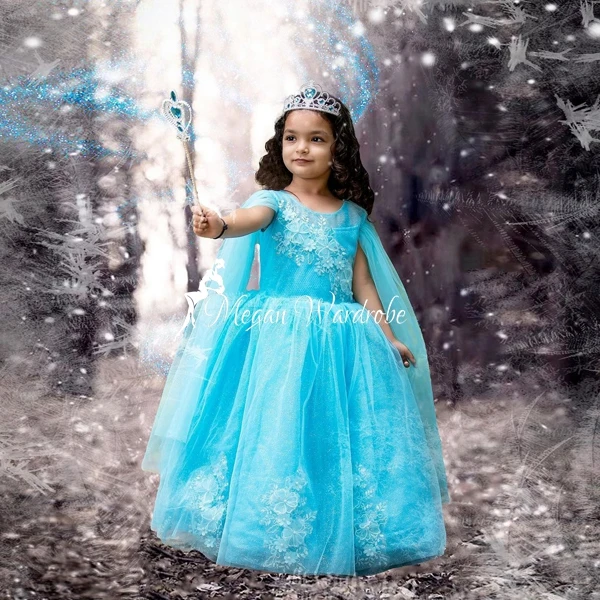 

Genius Long Appliques Beads Flower Girls Tulle Dresses O-Neck A-line Long Shawl sleeves Birthday Party Dress For Kid Photo Shoot