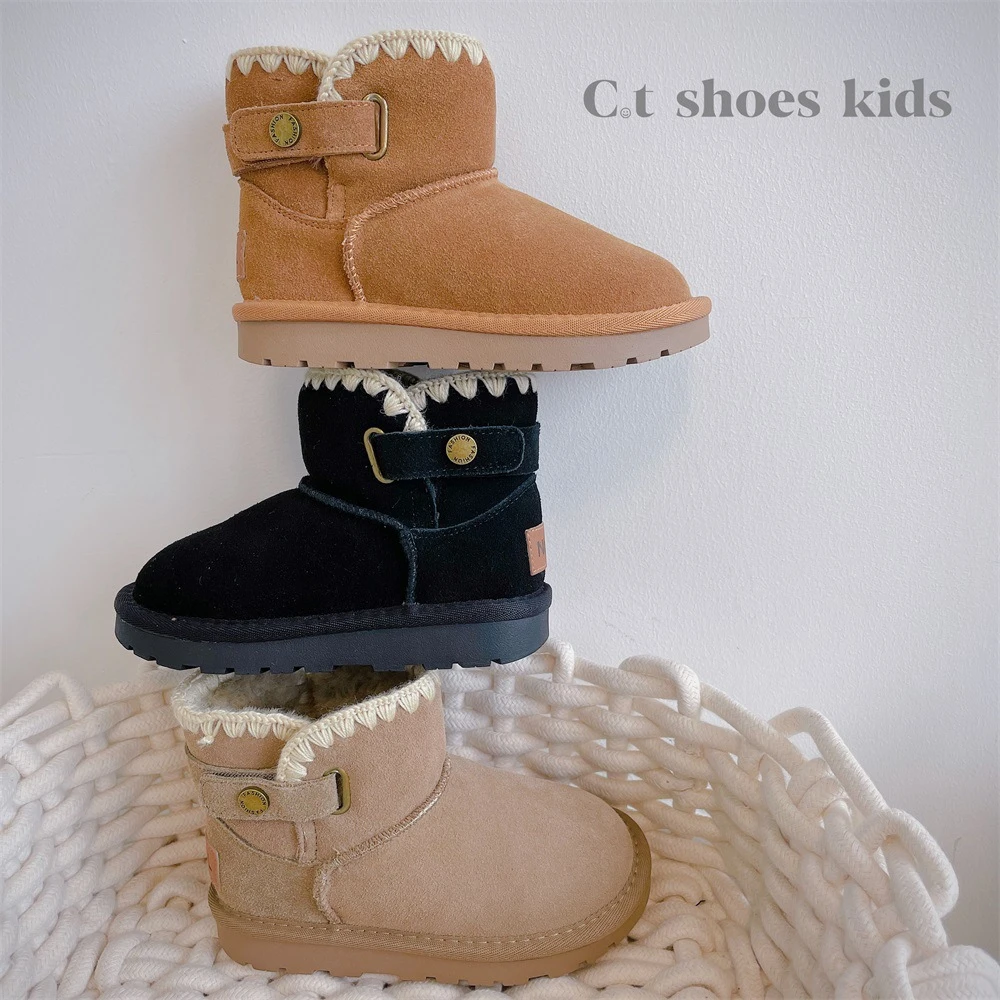 Baby Kid Infant Genuine Leather Nubuck Cotton Boots Girls Wool Lace Princess Cotton Shoes Winter Children Snow Boots Keep Warm