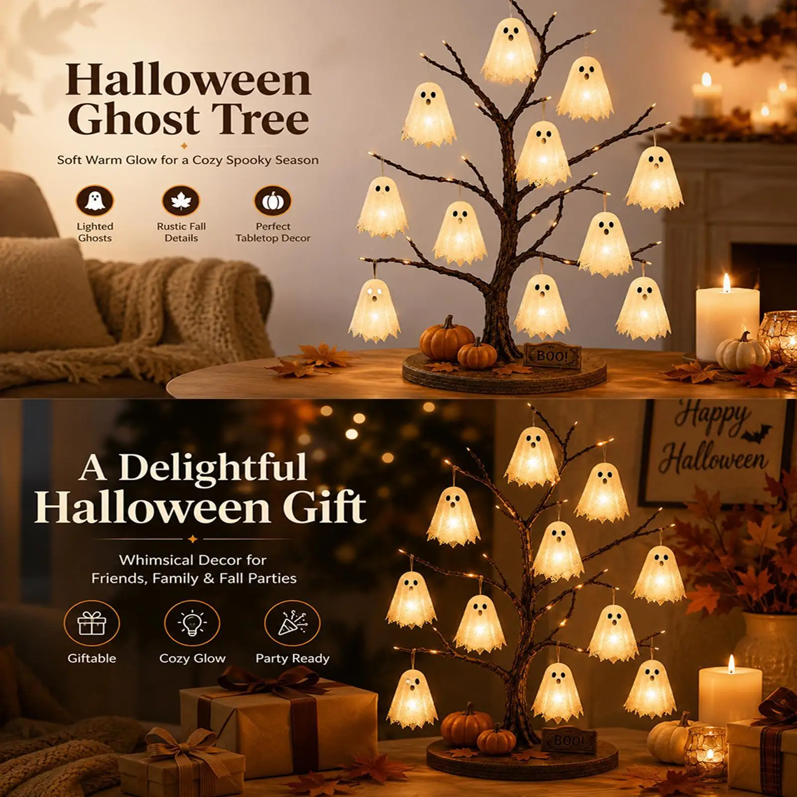 Glowing Ghost Tree LED Lights Battery Operated Decoration Glowing Ghost Tree Halloween Decor For Indoor Party Fireplace Mantel