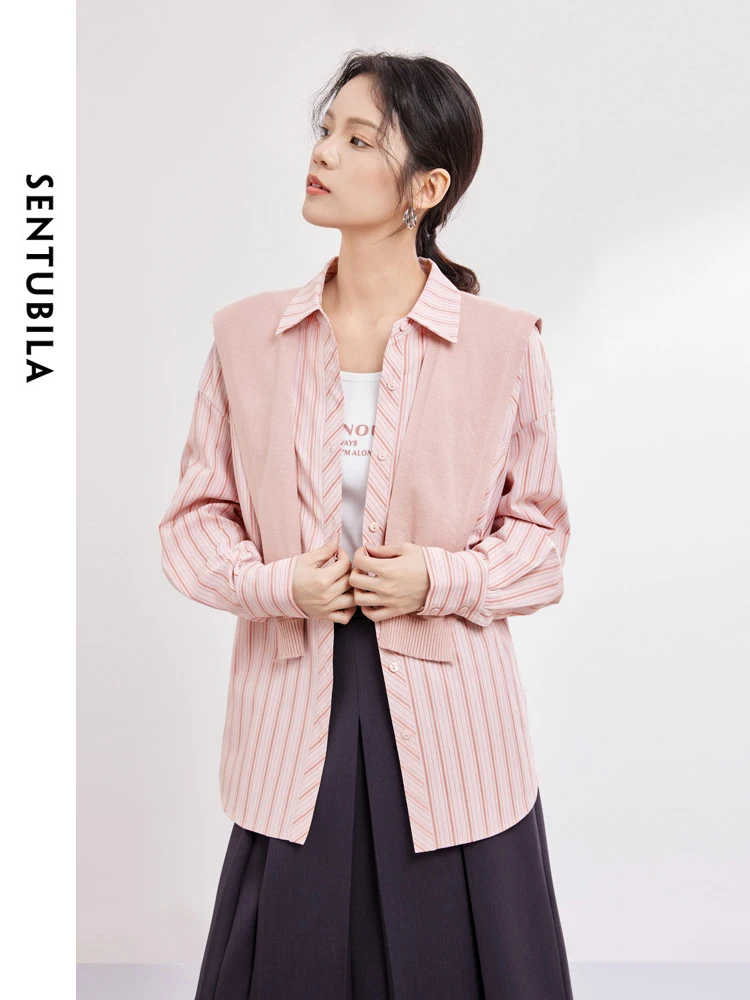 SENTUBILA Pink Striped Shirt 2024 Spring  Polo Collar Button Up Casual Loose Shirts & Blouses Long Sleeve Womens Tops 141C53583