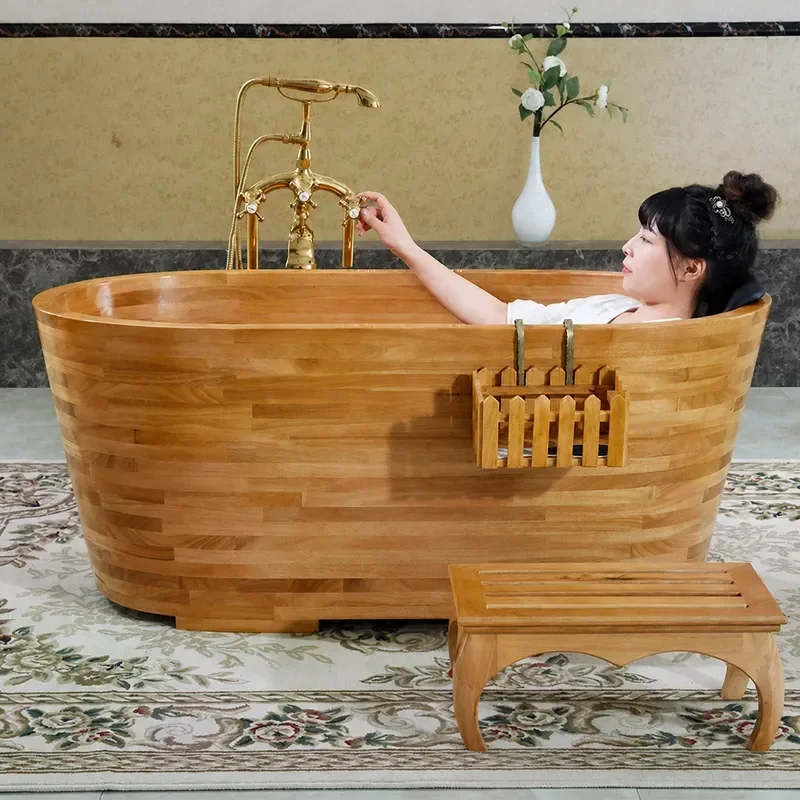 Oak Wood Bathtub for Adults Large Freestanding Soaking Tub Natural Wooden Bath Tub Without Hoop Spa Relaxation Home Bathroom