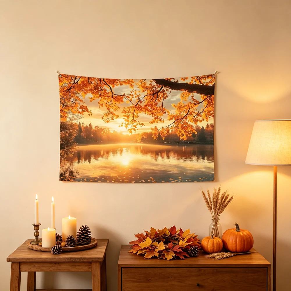 1PC Fall Sunset Lake Scenery Print Backdrop Banner, Bedroom Photo Background, Polyester, Party Decoration, Home Decor, Wall Art