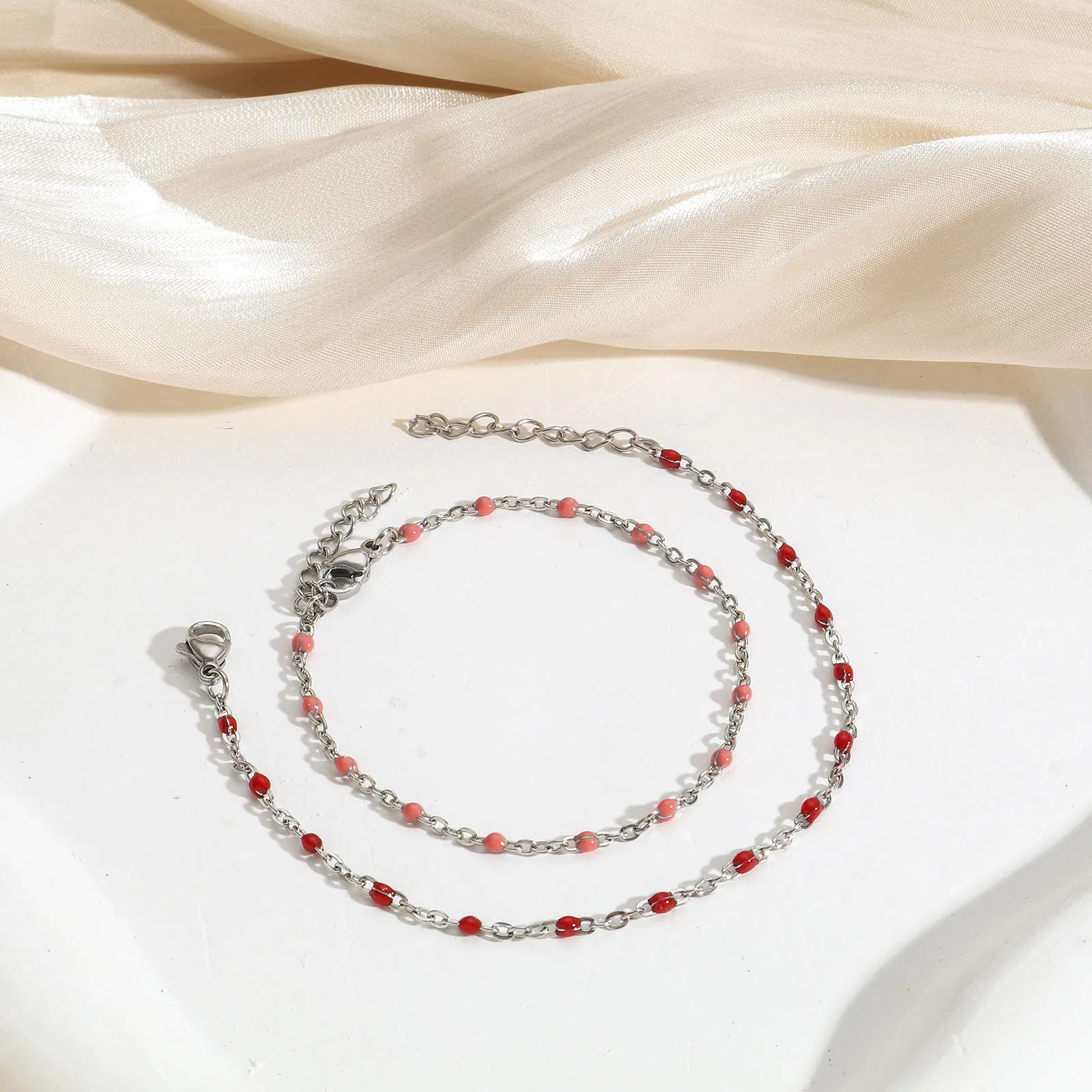 

304 Stainless Steel Colour Enamel Beads Chain Bracelets Silver Color Link Cable Chain Bracelets for Women Fashion Jewelry Gift