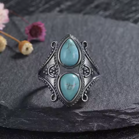 S925 Silver Jewelry Ring Natural Turquoise Moonstone Amethyst Stone Vintage Ring For Women Party Gifts