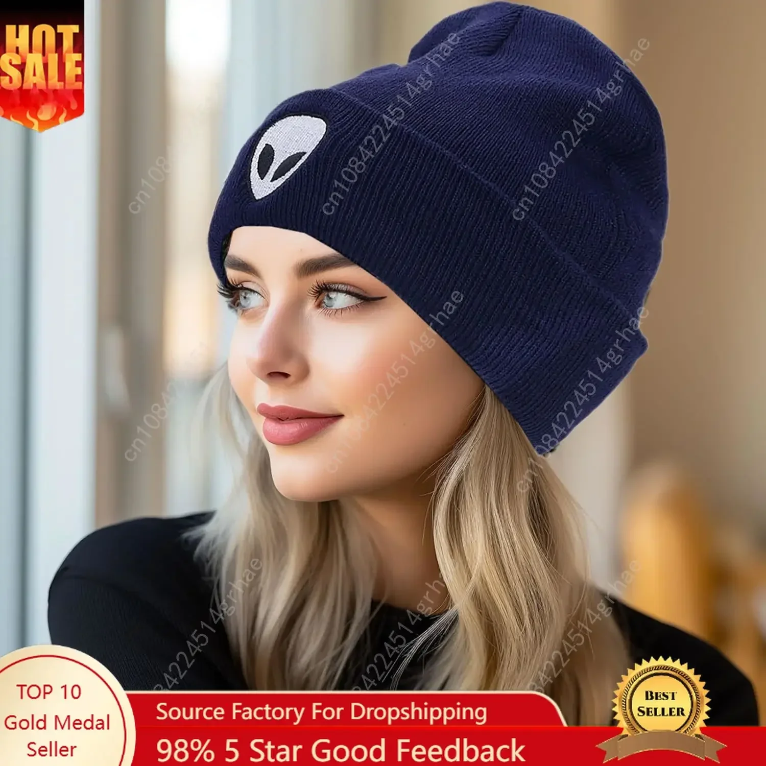 

Joylife Alien Embroidered Cuffed Beanie Hat Graphic Knitted Skull Cap Double Layer Winter Watch Hats for Women, Men