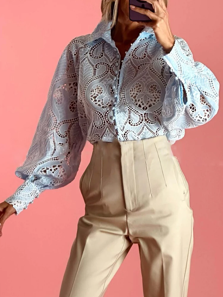 TWOTWINSTYLE Hollow Out Embroidery Chic Blouse For Women Lapel Lantern Sleeve Spliced Single Breasted Casual Shirts Female New