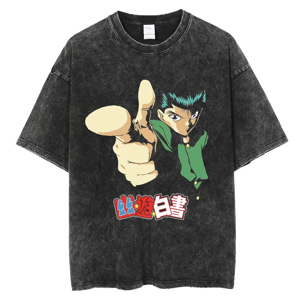 YuYu Hakusho Yusuke Urameshi Graphic T-shirt Vintage Washed 90s Anime Merch Harajuku Unisex Oversized Cotton Short Sleeve Tops