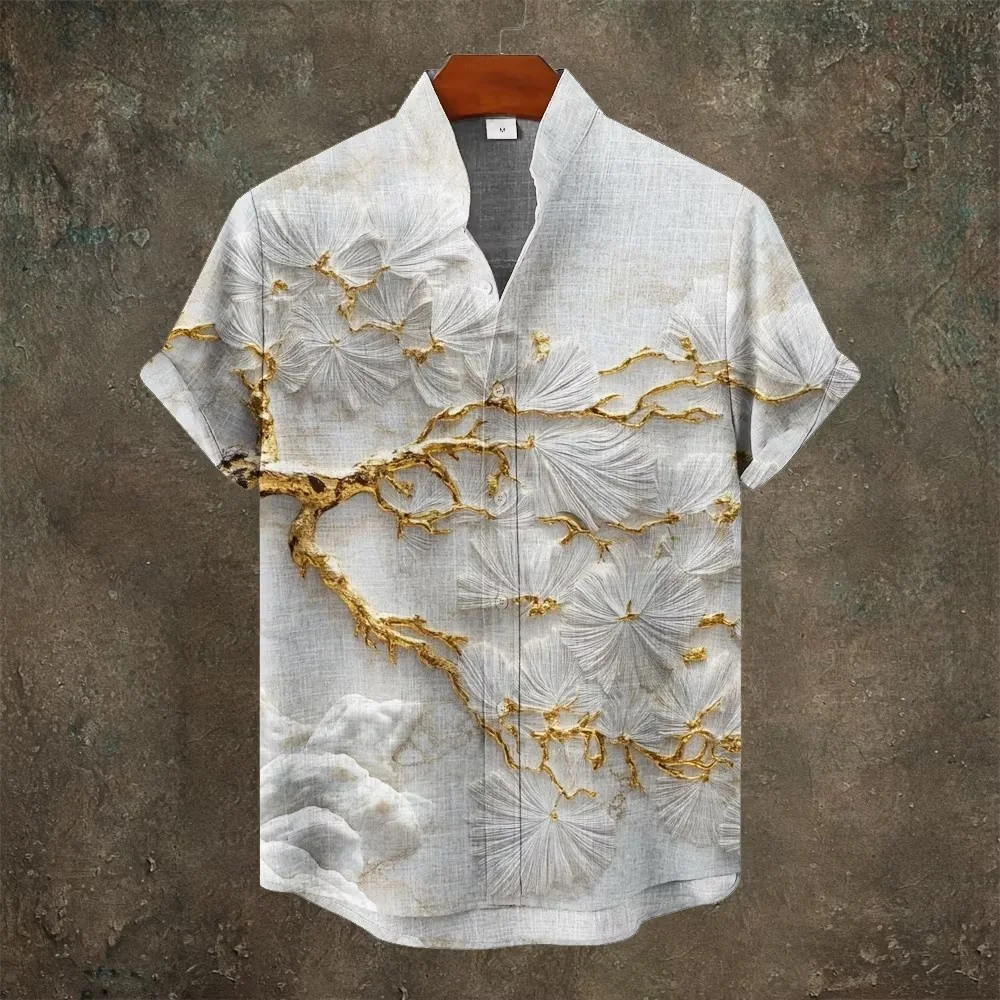 New Chinese style blue gold swallow print men's shirt, beige blue patchwork short sleeved artistic casual shirt