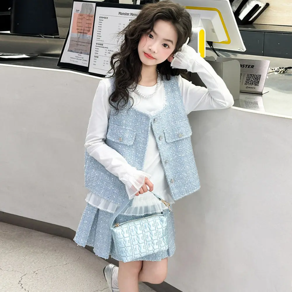 Spring Chic Teen Girls 2/3pcs Skirt Suit Vest White Lotus Leaf Sleeve T-shirt Set Junior Kids Clothing Outfits 4-14 Years Old