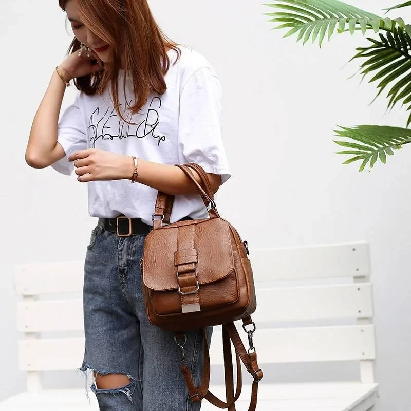 2023 New Fashion Soft Leather Backpack Women\'s Korean Edition Three-Purpose Crossbody Tote Bag Single-shoulder Bag Handbag