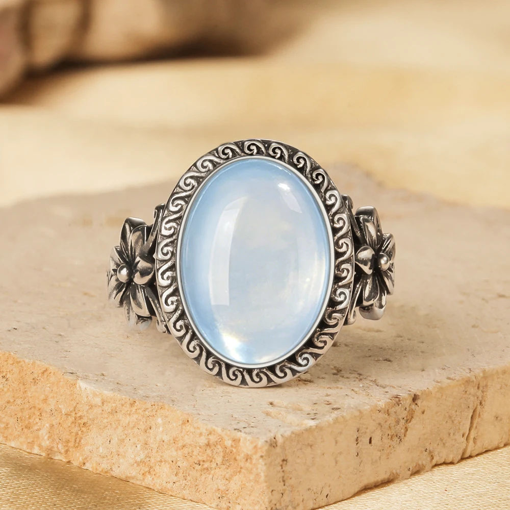 Ring aus 925er Sterlingsilber mit natürlichem Aquamarin, ovale Form, 10 x 14 mm, großer Stein und Blume, Vintage-Retro-Silberschmuck für Damen – Detail 5
