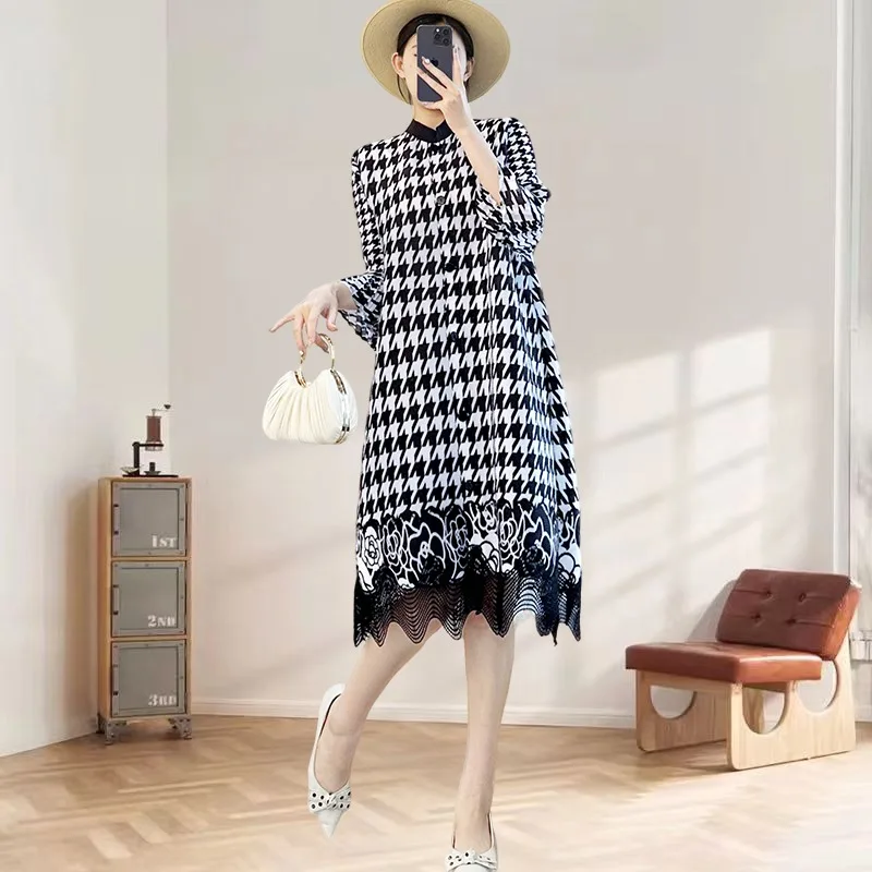 

Плиссированное платье Miyake, осень 2021, уменьшение возраста, большие размеры, повседневная свободная тонкая женская юбка средней длины с принтом, женская одежда