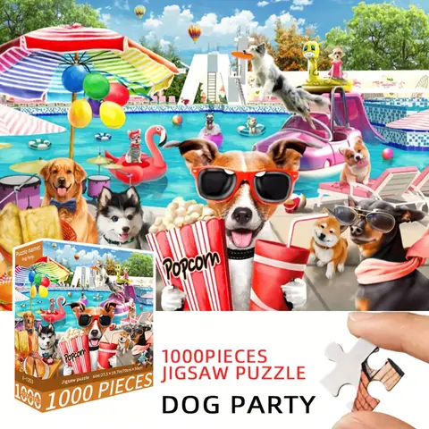1000pcs Large Jigsaw Puzzle for Adults - Cute Cartoon Dog Party Scene with Balloons, 27x20 Inch (70x50cm) Challenging Puzzle
