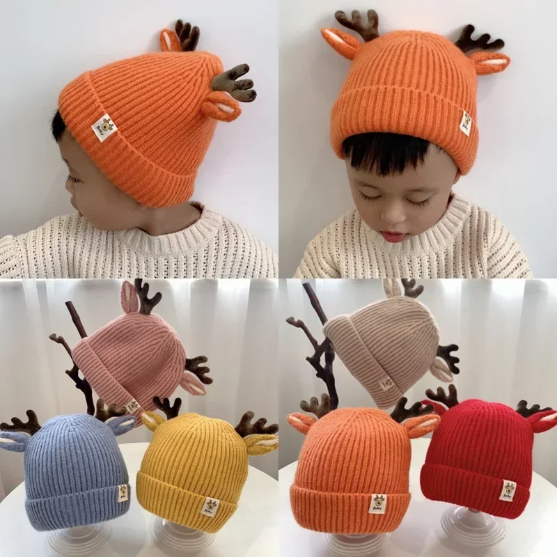 Autumn and Winter 1-4 Year Old Baby Deer Cartoon Wool Hat Korean Knitting Flanging Baby Pullover for Warmth Hats