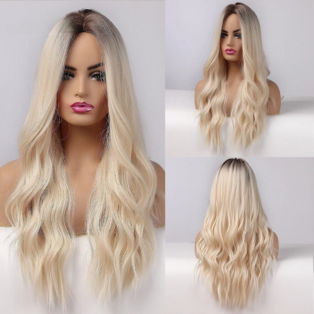 Ombre Platinum Gray Synthetic Women Middle Parting Long Wavy Wigs