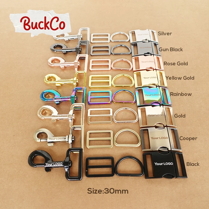 50pcs/lot Engraved(metal buckle+adjust buckle+D ring+metal dog clasp)for dog collar DIY accessory 8 Colours 15mm to 30mm 4 sizes