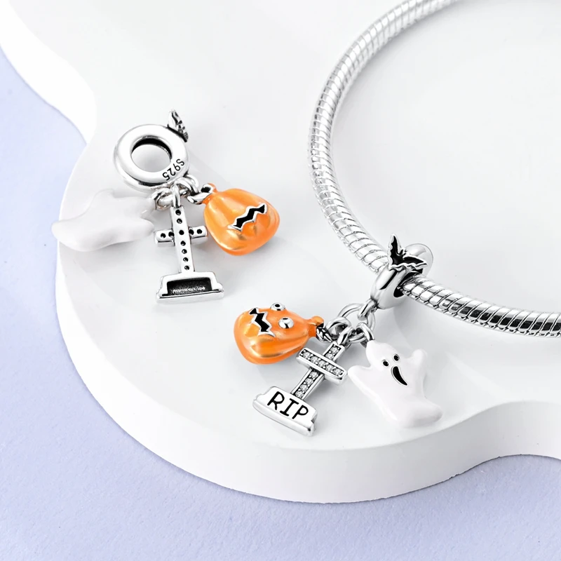 925 Sterling Silber Halloween Charms Perlen Skelett Kürbis Kutsche Hexe Herz Anhänger Passend für Armband Frauen DIY Schmuck Geschenke – Detail 17