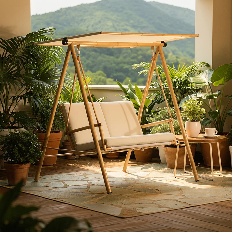 

Meiqi Modern Outdoor Bamboo Style Patio Swing Patio Garden Balcony Carbon Steel Swing With Adjustable Waterproof Canopy