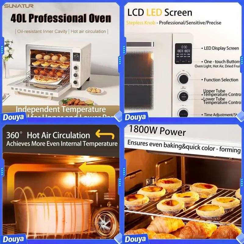 SUNATUR Home Electric Oven 40L 1800W Convection Hot Air Circulation Oven Multifunctional Pizza Cake Bread Baking Machine