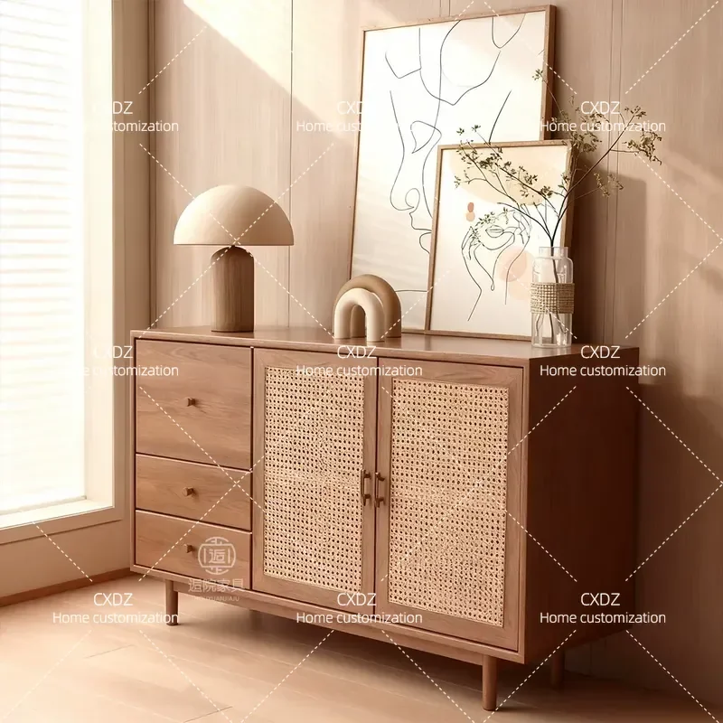 Medieval Wabi Sabi Entrance Cabinet Modern Simple Side Cabinet Rattan Living Room Storage Cabinet Entry Door Home Improvement