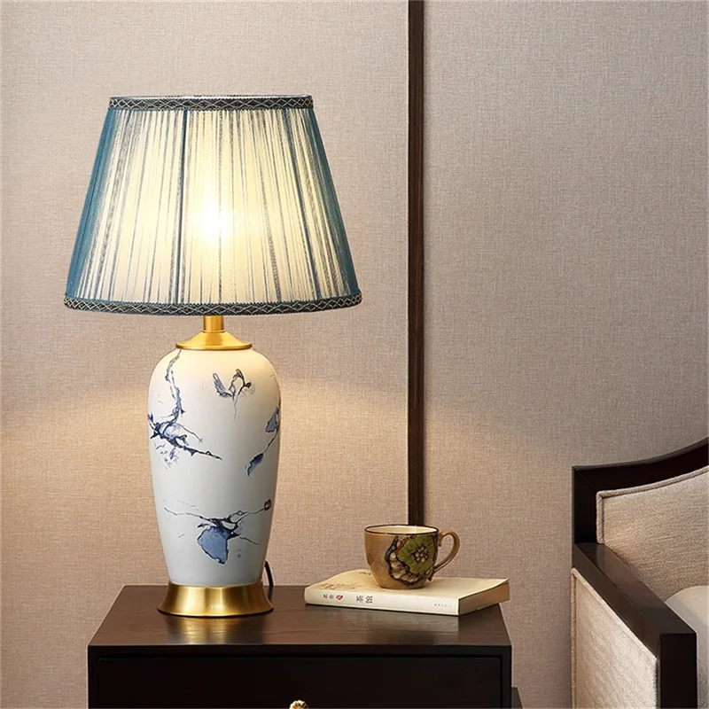 TEMAR Ceramic Table Lamps Blue Brass Luxury Desk Light Fabric for Home Living Room Dining Room Bedroom Office