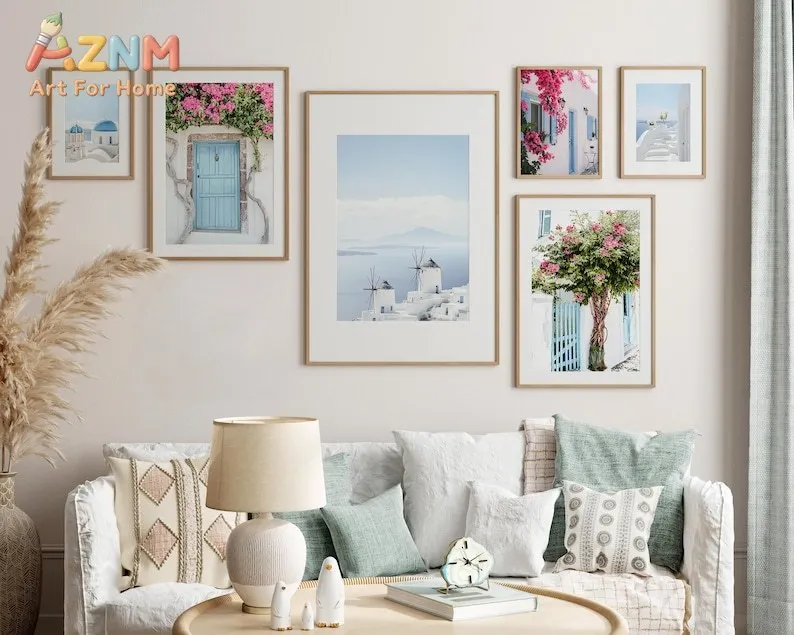 6pcs Greece Boho Santorini Gallery Canvas Wall Art Set, Frameless Mediterranean Coastal Wall Art Posters for Living Room Decor