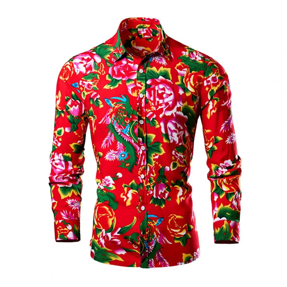 Chinese Style Men Shirt Colorful Flower Print Men's Slim Fit Spring Shirt with Chinese Northeast Style Turn-down Collar