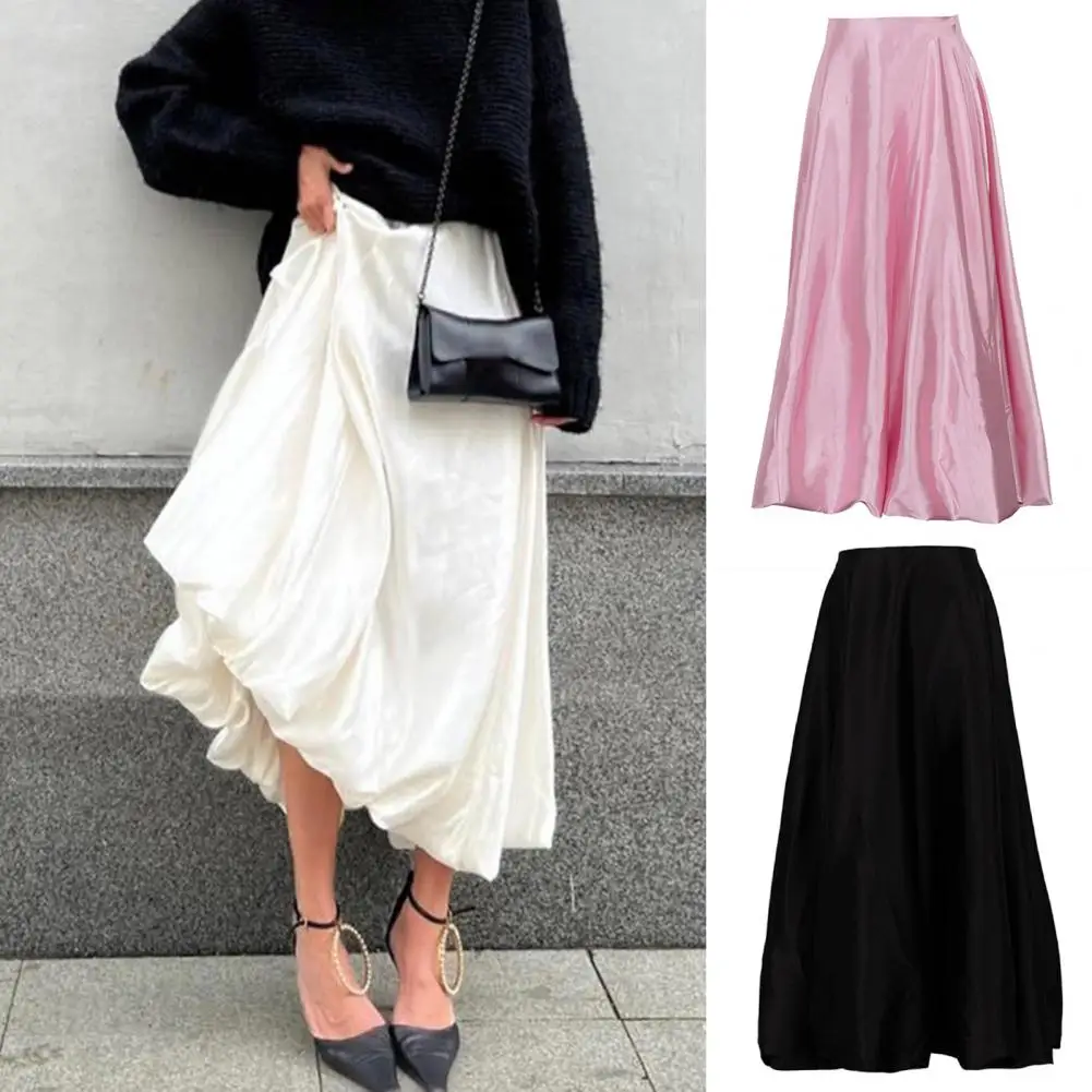 Sweet Maxi Skirt Solid Color Satin  Style Long Skirt Balloon Skirt Spring and Summer Women's High Waist Pleated Long Skirts