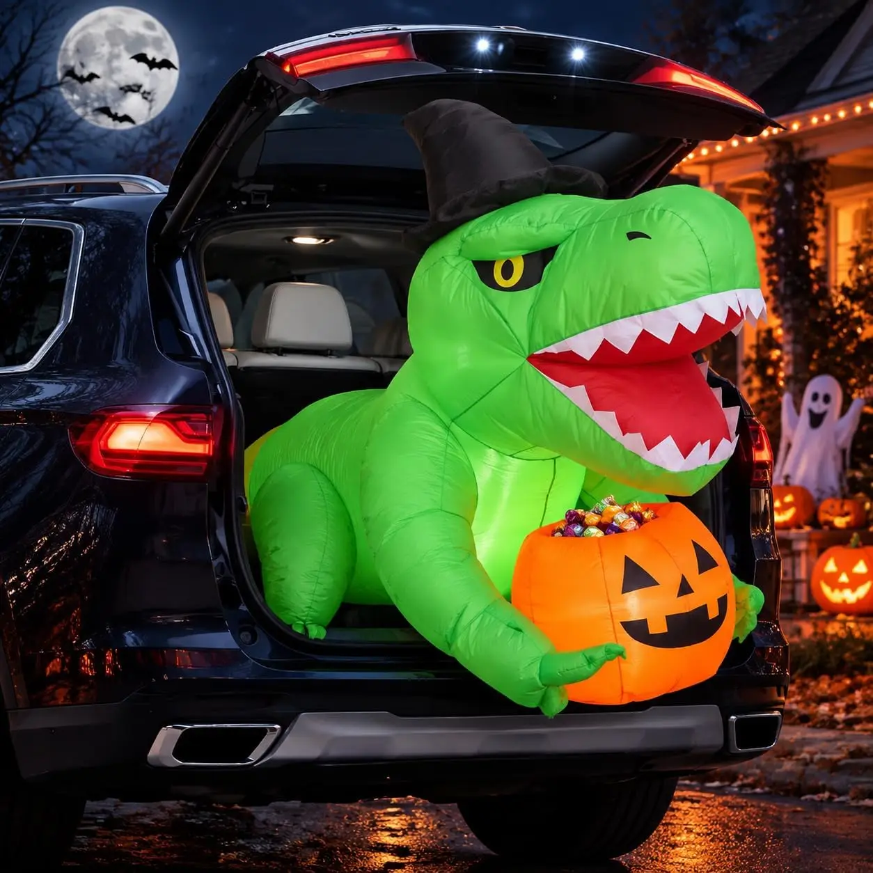 4.5 FT Halloween Inflatable Dinosaur for Trunk or Treat, Pumpkin Candy Bowl,12V Car Plug, Built-In LEDs, Fast-Inflation Fan & Secure Setup with Stakes, Weather-Resistant Display for Sedans and SUVs, Party Supplies