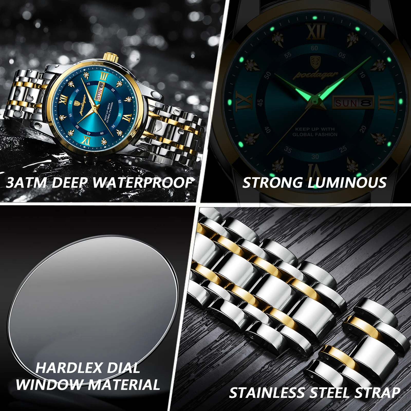 POEDAGAR Original Luxury Watch for Men Date Week Waterproof Luminous Man Watch Stainless Steel Quartz Business Men's Watches+Box