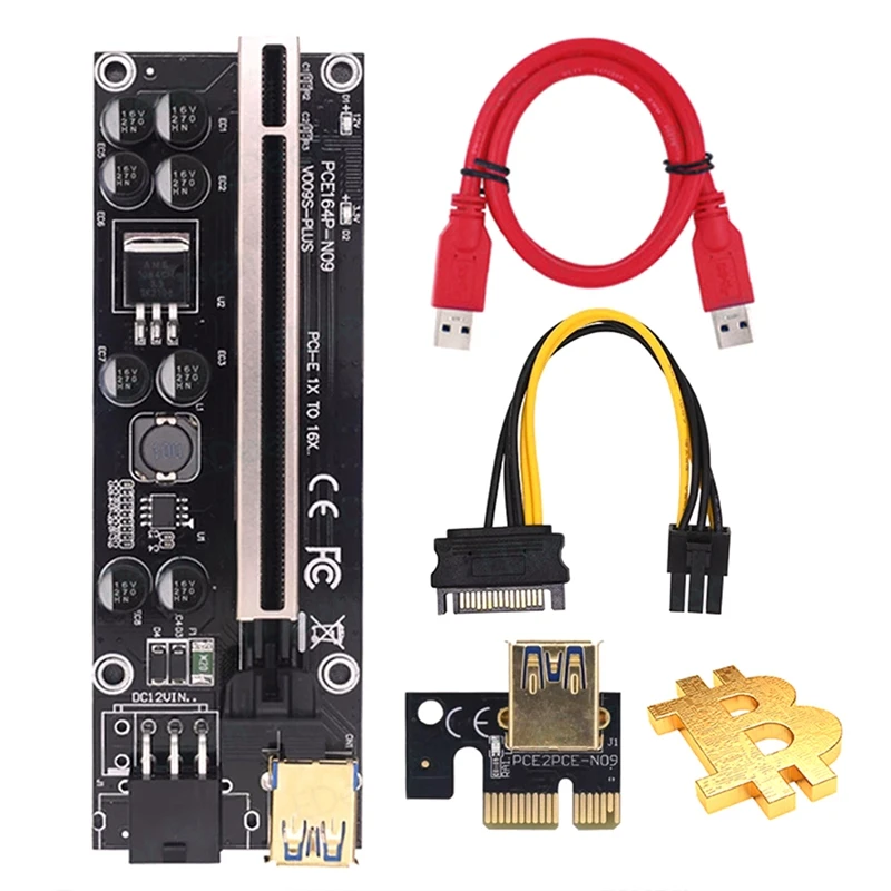 Adaptateur VER009S Plus PCI-E Riser Card PCI Express 1X à 16x avec câble USB 3.0, câble d'alimentation SATA à 6 broches pour l'exploitation minière, 10 paquets