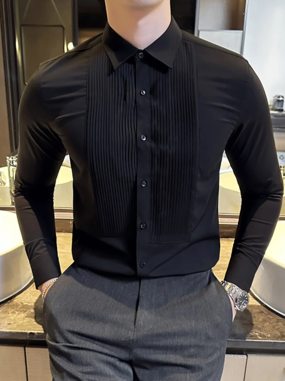 Luxury Tastar Dress Shirt Men Groom\'s Wedding Long Sleeved Shirt Slim Spliced Pleat Design Party Banquet Shirt Black White 2023