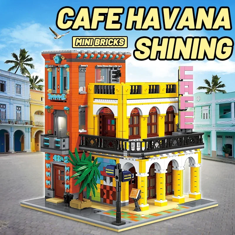 MOC Cafe Havana-casa brillante, modelo de bloques de construcción con vista a la calle, decoración de escritorio Modular, montaje, juguetes para niños, regalos