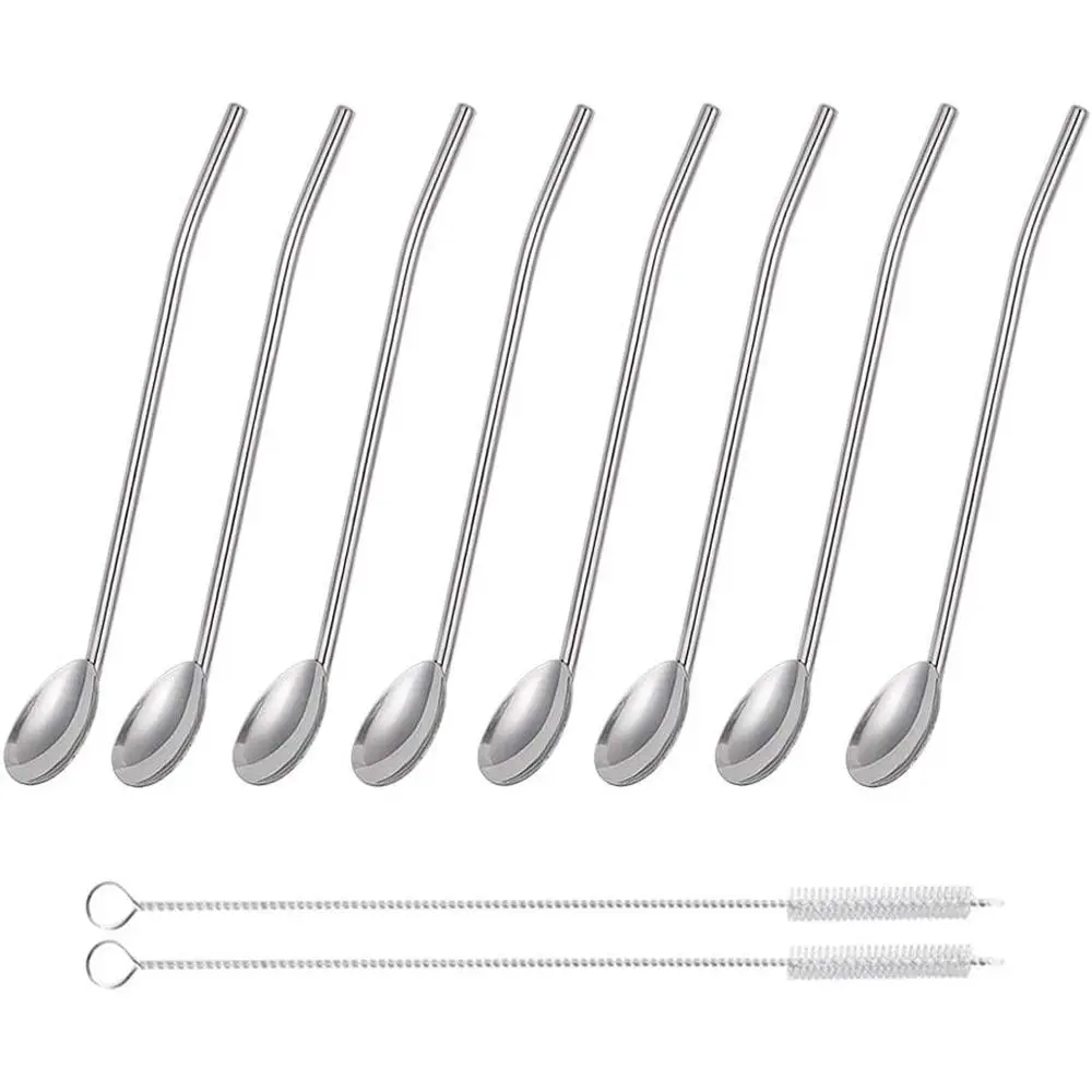 8-Piece Stainless Steel Forks and Spoons Set with 2-in-1 Cone Forks, Long Spoons, Cocktail, Milkshake, 2 Cleaning Brushes