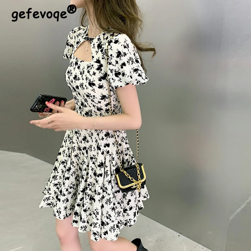 

Women Sexy Hollow Vintage Print High Waist Sweet Elegant A Line Dresses 2024 Summer Fashion Short Sleeve Slim Pleated Mini Dress