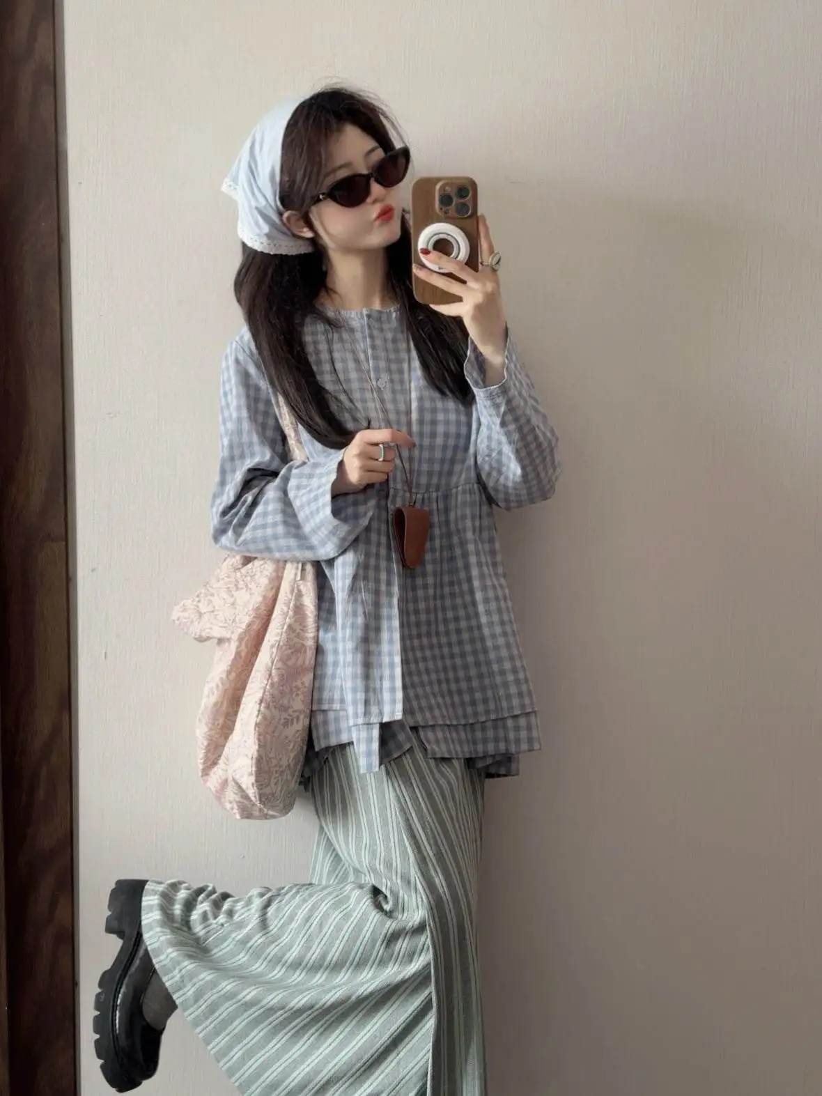 

Retro Japanese Blue Plaid Long Sleeve Women's Shirt Spring New Unique Striped Skirt Two-Piece Set Fashionable Ensemble