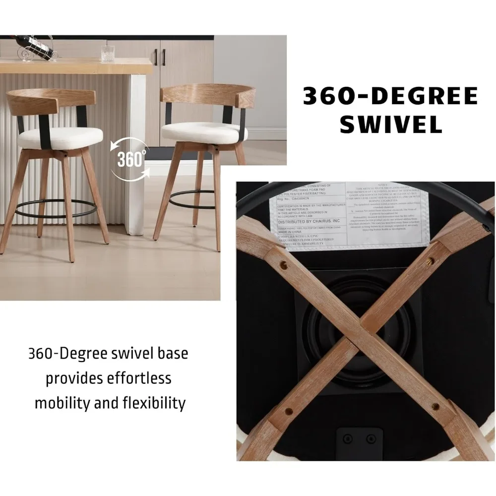 Modern Counter Height Swivel Bar Stool Set, 26 High with Footrest, Linen Upholstered Seat, Sea-Inspired Design