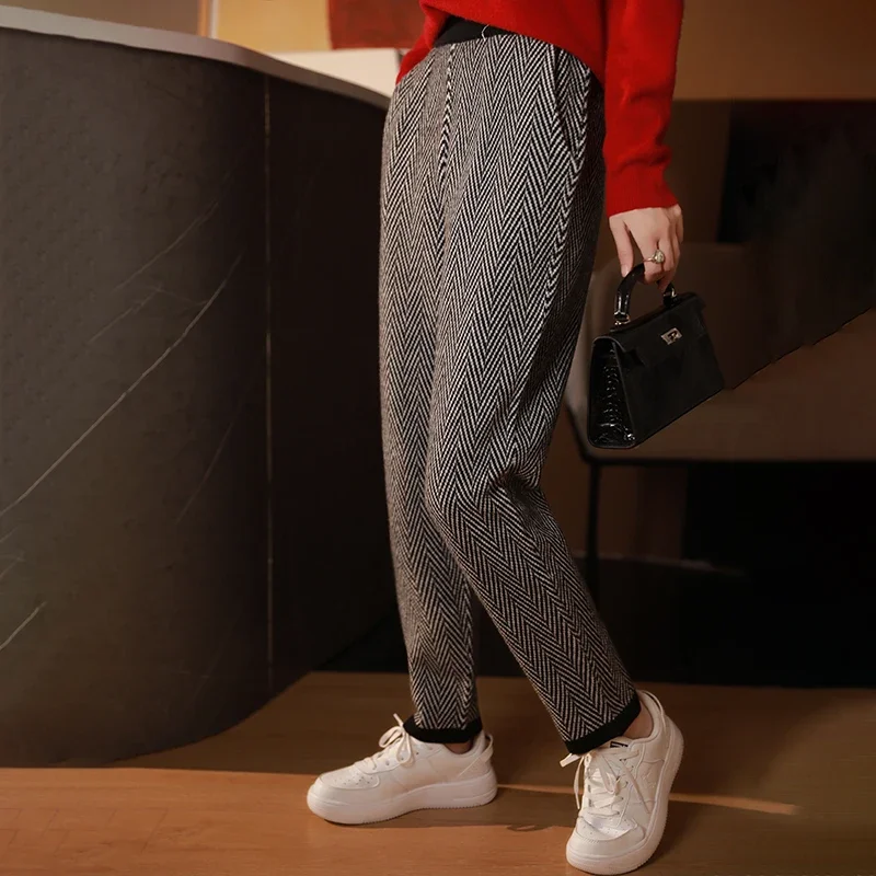 Dames visgraat wijde pijpen broek Koreaanse losse rechte wollen draperen dikke kasjmier casual broek voor herfst en winter