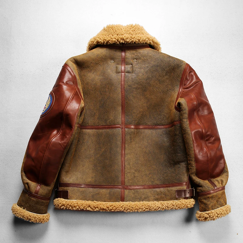 Euro/US size high quality super warm genuine sheepskin coat men's large B3 aviator jacket Shearling heavy washed vintage old fur