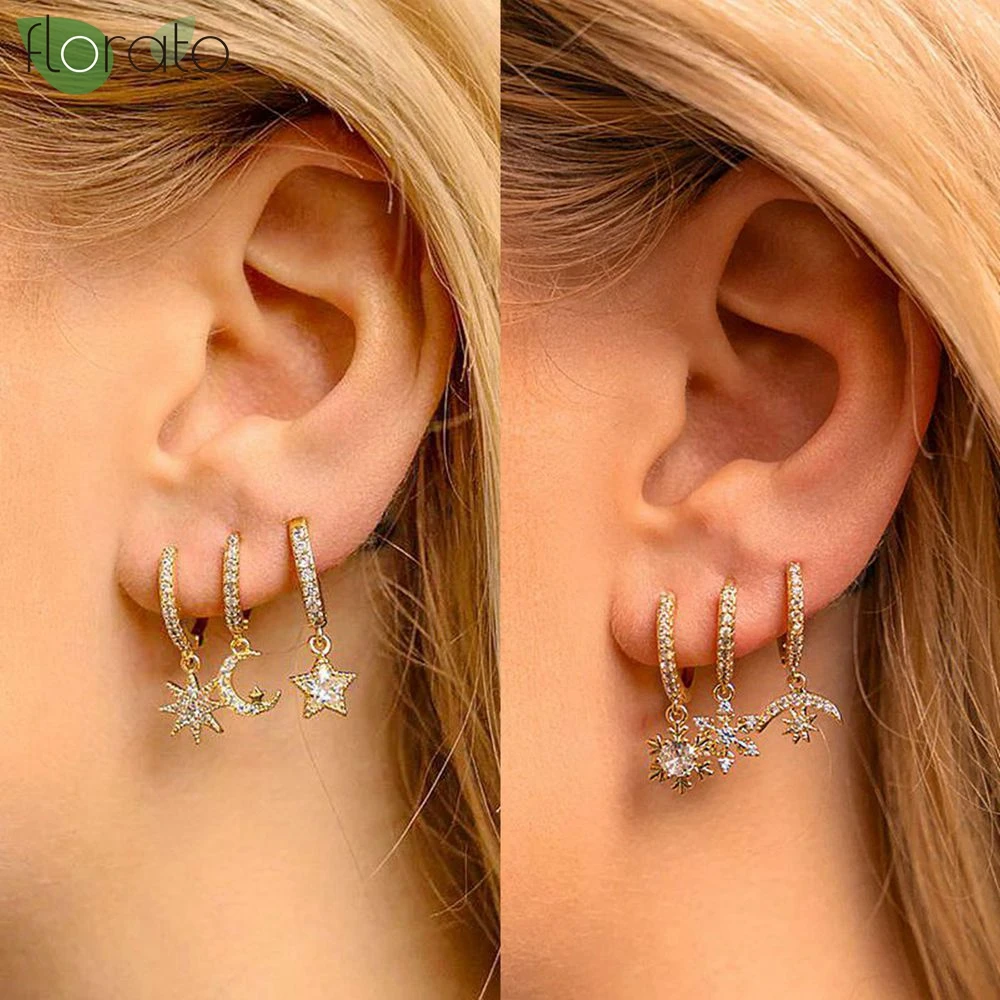925 Sterling Silver Needle Little Huggies Hoop Earrings for Women Tiny Crystal Zirco Pendant Cartilage Earrings Piercing Jewelry